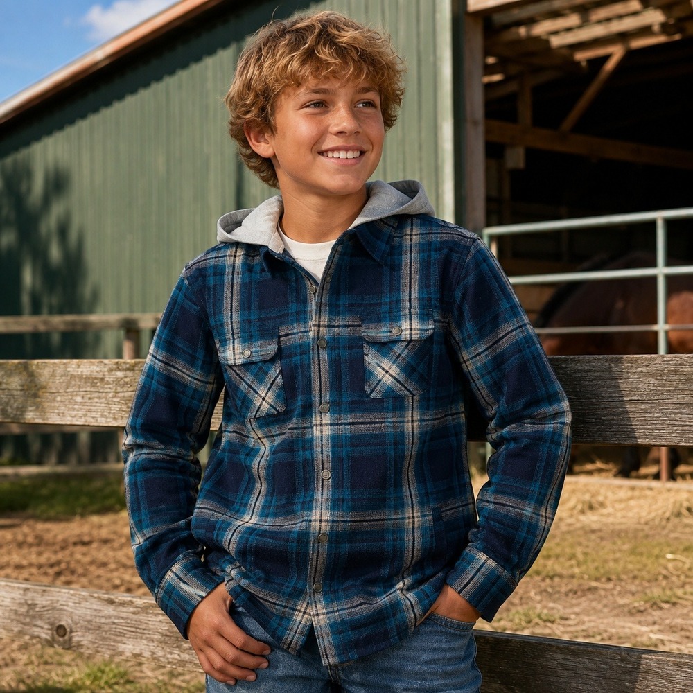 Ariat Boys Hannoch Retro Shirt Jacket XL 18 Blue Plaid Hooded Western